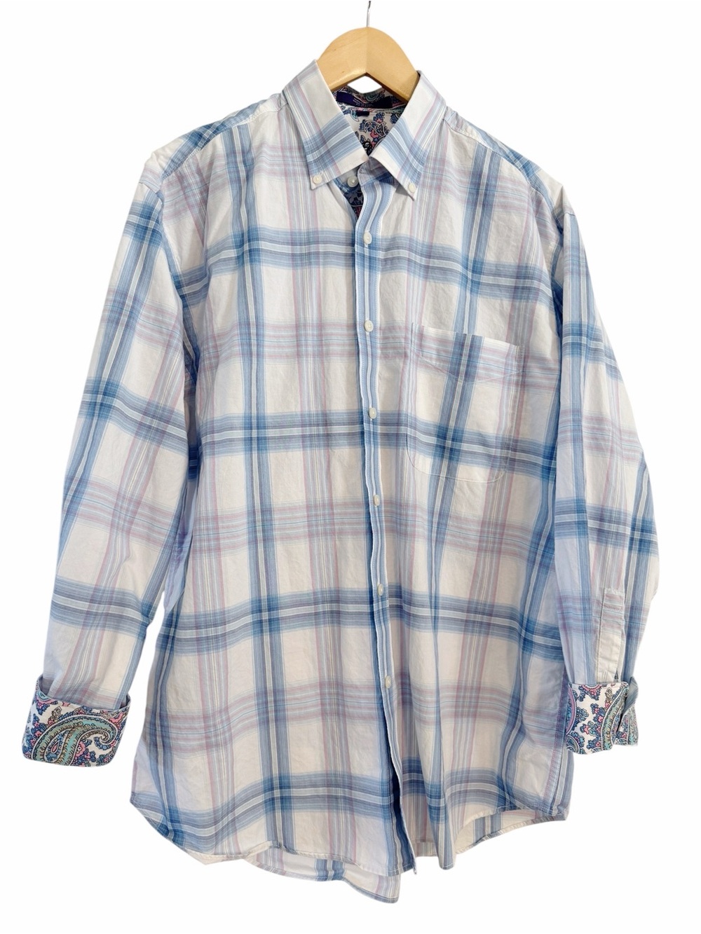 Alan Flusser Button Down Shirt White Light Blue Plaid Paisley Cuffs Men’s Large